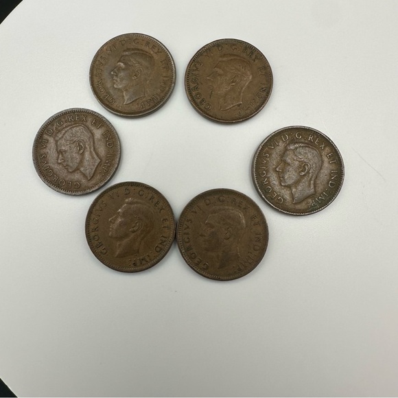 WWII-Era Canadian Penny Set – 6 Coins (1940–1946) – George VI – Vintage Copper - Picture 3 of 8